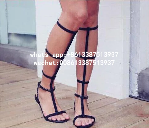 Black Leather Straps Women Concise Style Sandals Sexy Oepn Toe Ankle Buckle Ladies Flat Sandals Knee High Gladiator Shoes