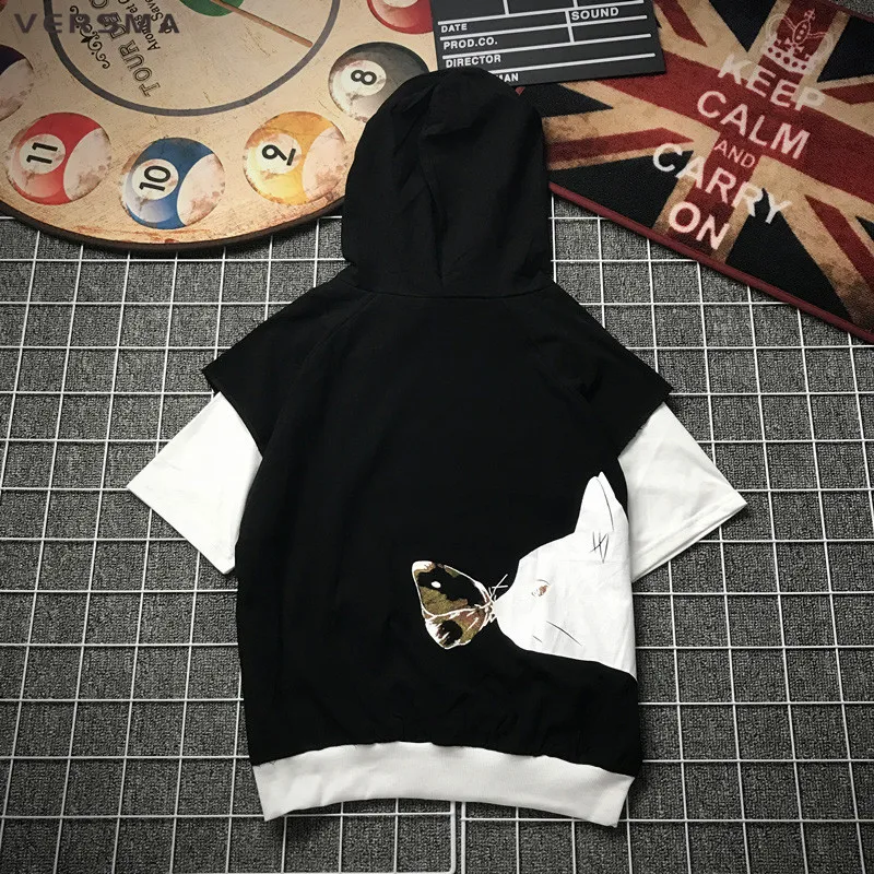 

VERSMA 2018 Korean Harajuku Fake Two Piece Patchwork Printed Hoodies Men Autumn Hip Hop Streetwear Oversized Hoodie Dropshipping