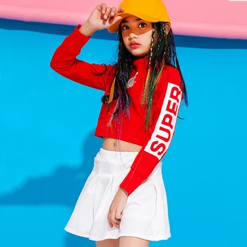 

Kids Dance Costume Girls Fashion Hip Hop Stage Outfit Street Dance Performance Clothing Red Cheerleader Clothes For Child DC1929