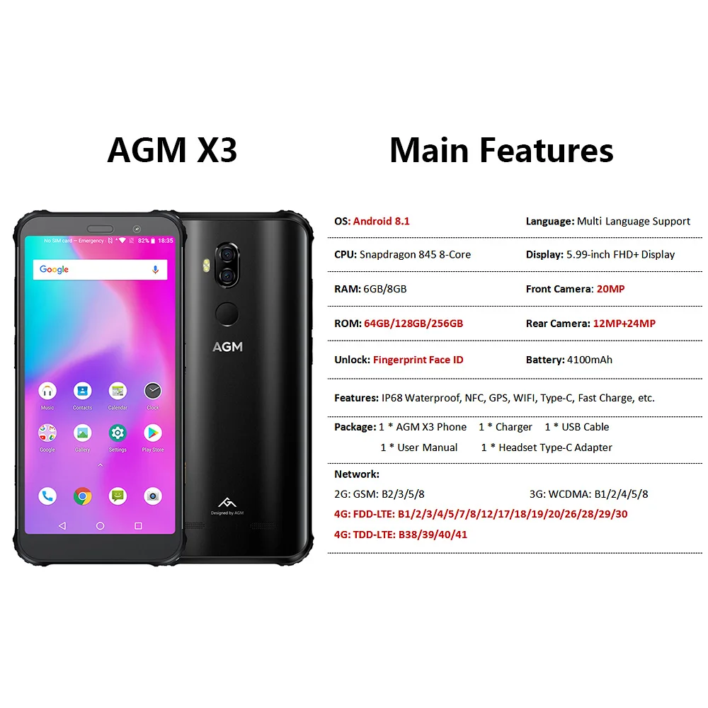 AGM X3 6/8 ГБ+ 64/128/256 ГБ Snapdragon 845 24MP+ 20MP 4100 мА/ч, мобильный телефон IP68 Водонепроницаемый 5,99 ''Face ID NFC 4G Черный смартфон