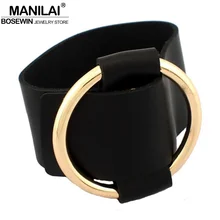 MANILAI Unique Design Punk Black Wide Leather Wrap Charm Bracelets Big Hoop Alloy Women Cuff Bangles Statement Jewelry BL373