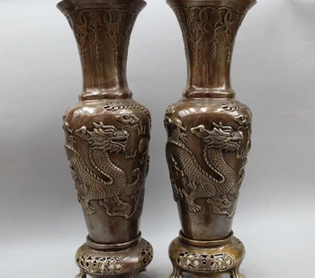 

19" Marked Chinese Dynasty Palace Bronze Dragon Phoenix Flower Bottle Vase Pair