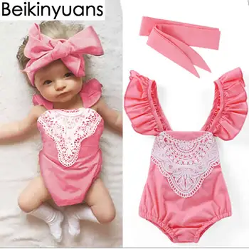 

Newborn Cotton Clothes 2019 Baby Bodysuits Girls Summert Backless Cute Infant Body Suit Lace Flying Sleeves Headband Overall