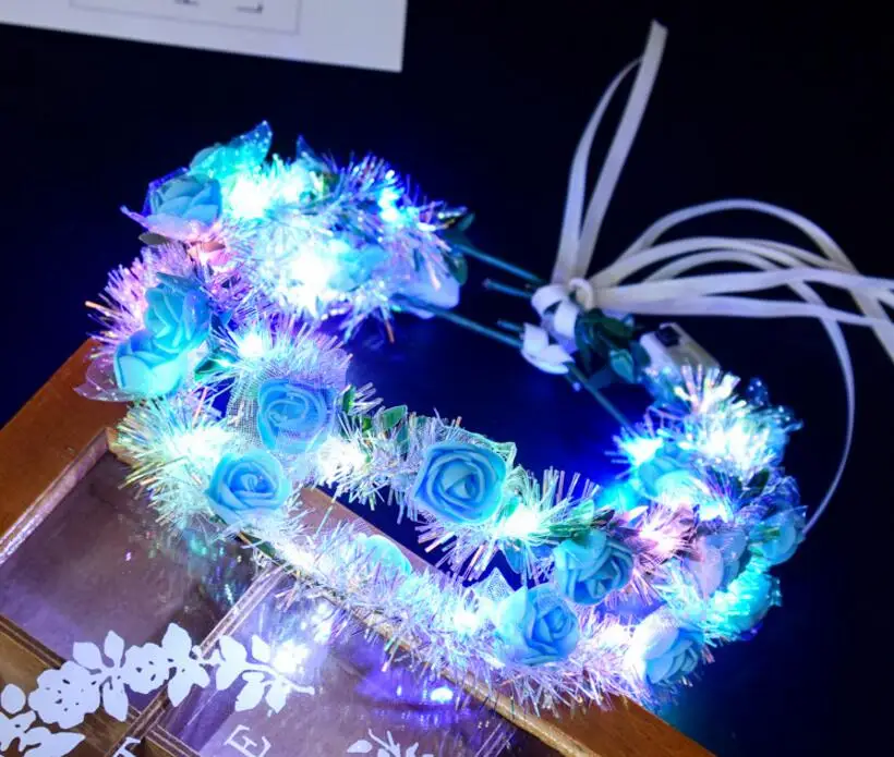 

Led Flower Wreath garland gold silk colorful headband LED lights ribbon rattan fairy headdress Festival Wedding Party Decor