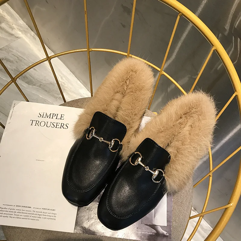 

Explosions embroidered Mao Mao shoes women spring and autumn new square head rabbit hair flat bottom shoes Doudou women's shoes
