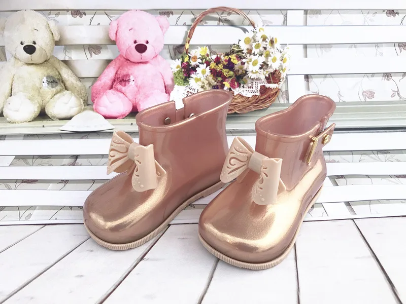 Mini Melissa/зимние резиновые сапоги с бантом; оригинальные 1:1 сапоги для девочек; Новинка года; прозрачные сандалии для девочек; детские непромокаемые ботинки для малыша из водонепроницаемого материала