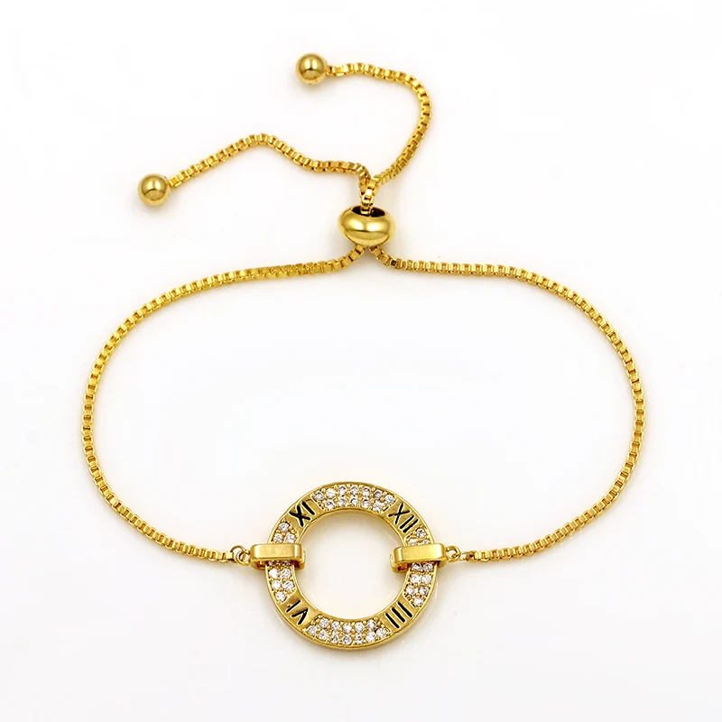 

Circle and Roman Number Cubic Zirconia Crystal CZ Zircon Pull String Adjustable Bracelets in Gold or Silver Colors