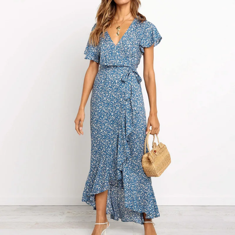 

Summer Dress Print Ruffles Chiffon Maxi Dress Sexy V Neck Butterfly Sleeve Irregular Boho Dresses High Slit Sundress Vestidos
