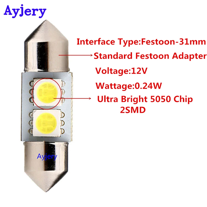 AYJERY! Супер Яркий 300 шт. Белый 5050 2 Smd 31 мм гирлянда Светодиодный лампочки 2 светодиодный 12 В DC номерных знаков лампы для чтения