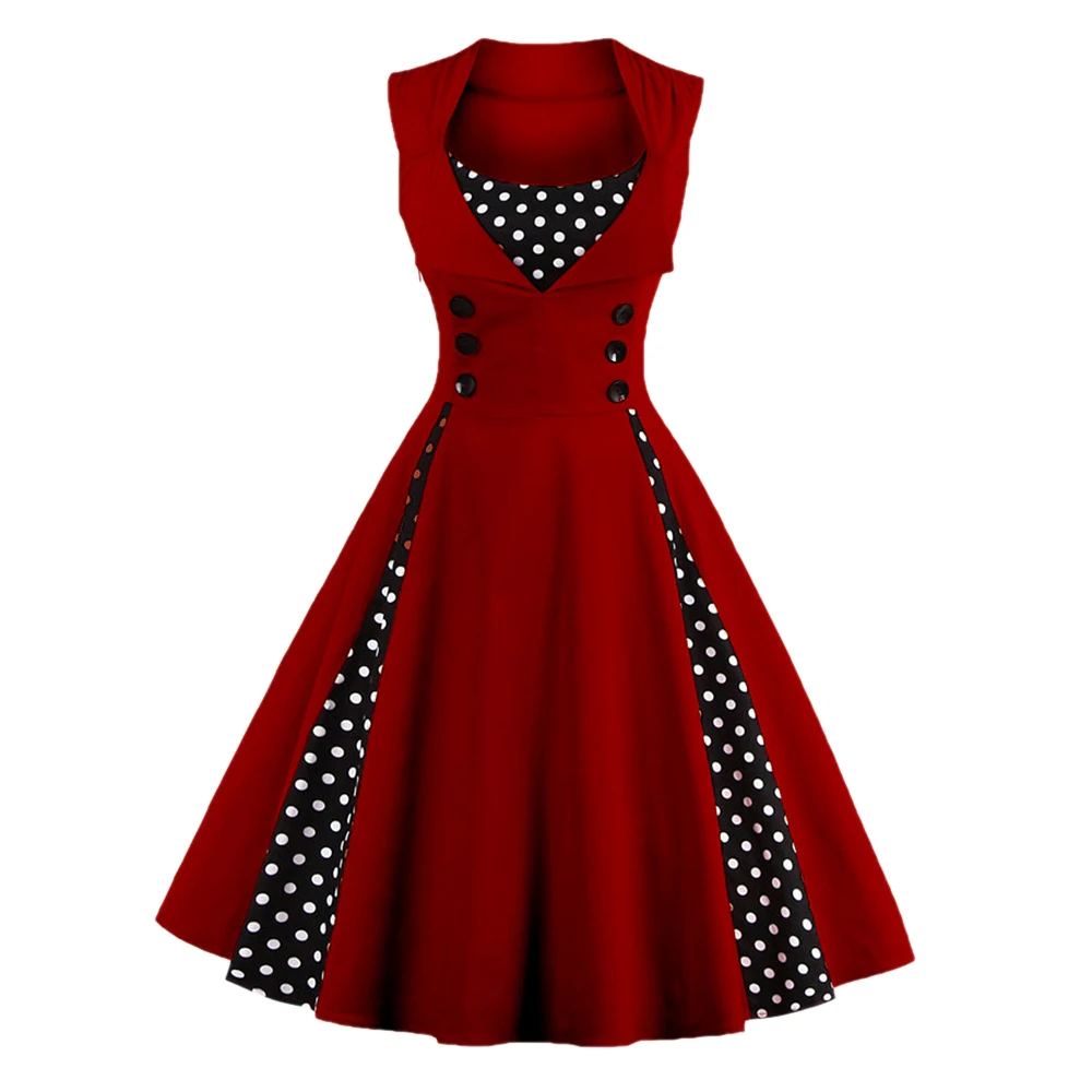 Женское платье без рукавов, 7 однотонных цветов, винтажное платье на пуговицах, с принтом в горошек, вечерние платья Vestidos размера плюс S~ 4XL 50s