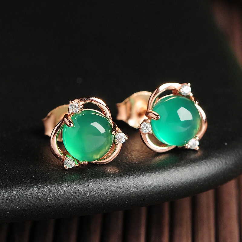 925 Silver Inlay Natural Green Chalcedony Stud Earrings Original Flower ...