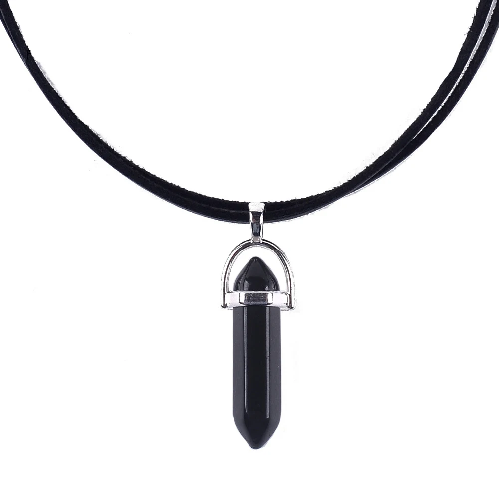 2018 New Arrival Leather Choker Necklace Black Color Natueal Stone Pendant Necklace Hexagonal Column Quartz Necklaces (6)