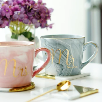 

Handpainted Gold Monogram Natural Marble Porcelain Coffee Mug Mr and Mrs Tea Milk Cups and Mugs Creative Wedding Gift