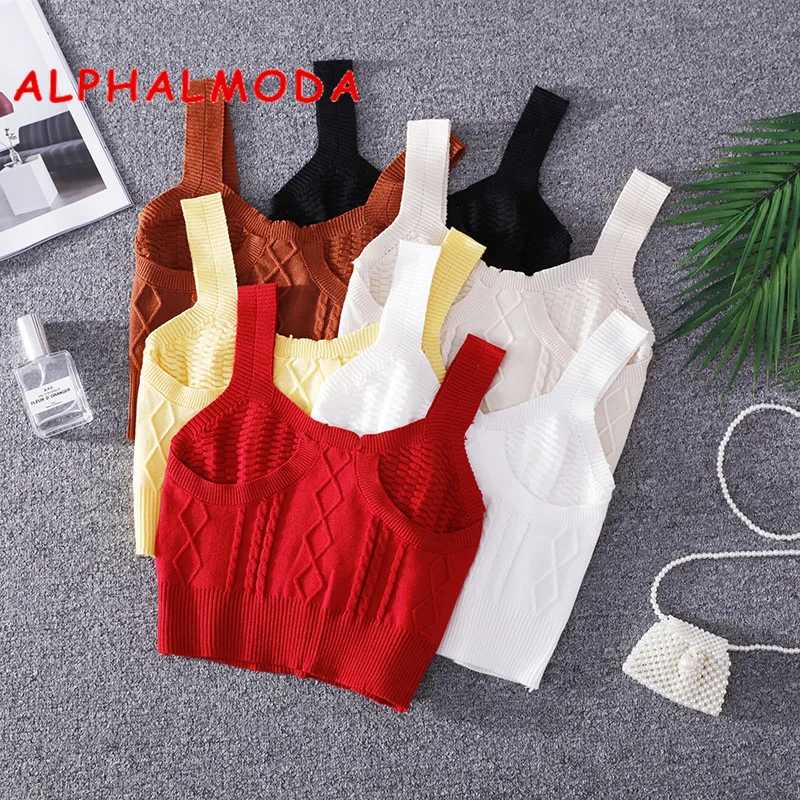 

ALPHALMODA Summer 2019 Chic Leisure Simple Design Slim Knitted Bottom Suspender Vest Short Women's Trendy Top Knitting Crop Top