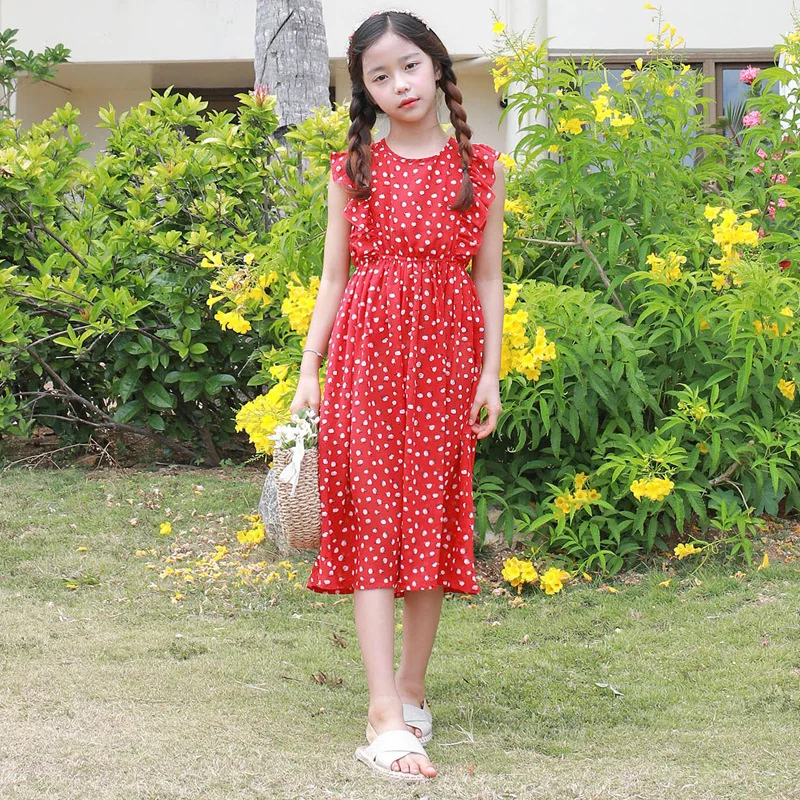 

2019 Summer Korean Style Girl Chiffon Dress Red Lace Sleeveless O-neck Flower Printing Princess Dress Cute Big Girls Party Dress