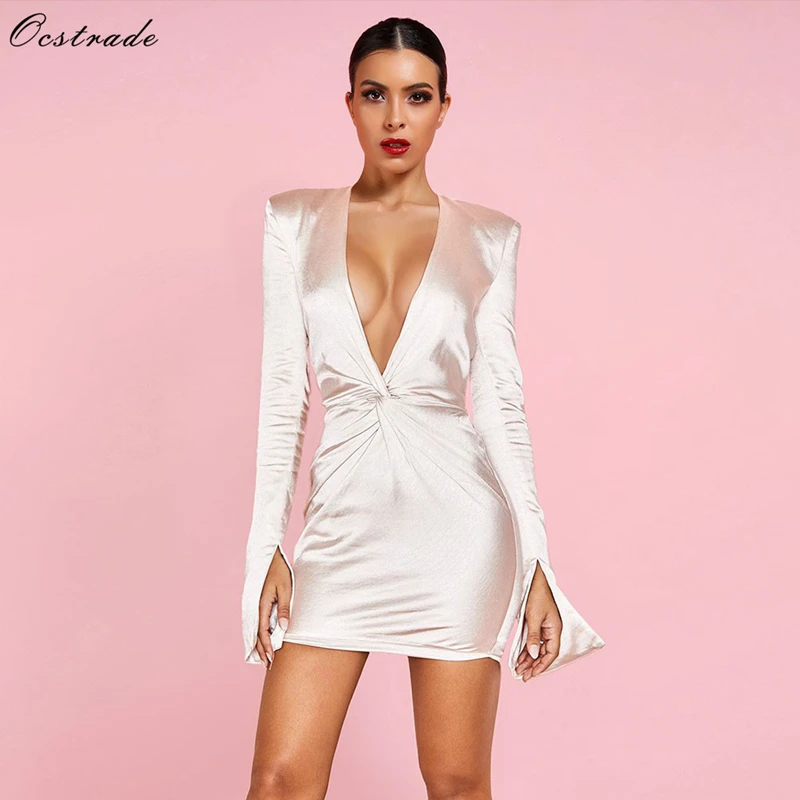 Ocstrade белый V шеи с длинным рукавом Мини рукава Сплит мода Bodycon платье HI1030-White