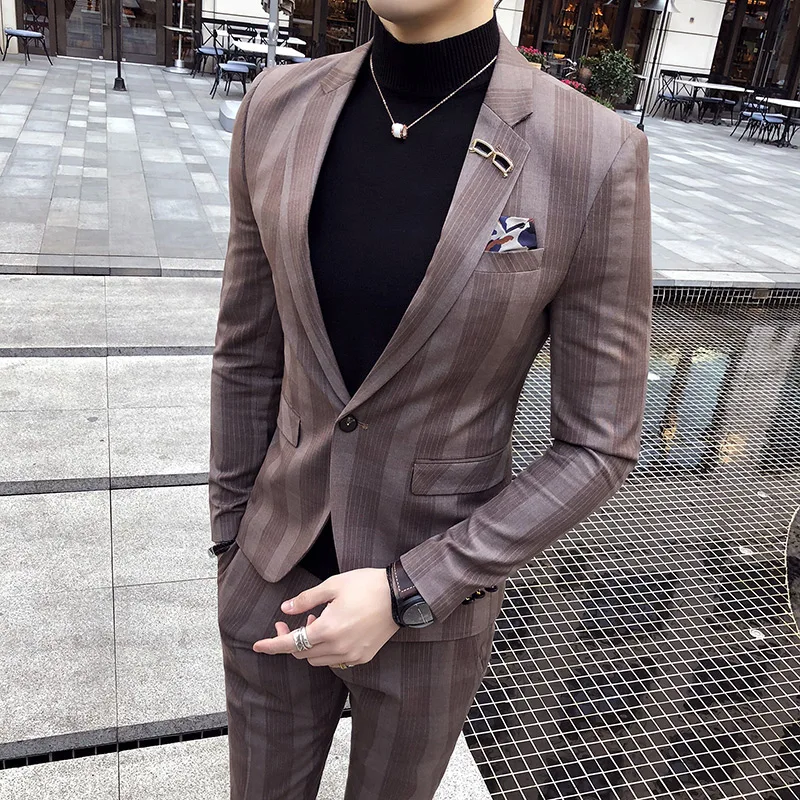 

Korean version of the men's striped suit two sets of 2018 new clothes night tide coat Slim suit male groom wedding suite