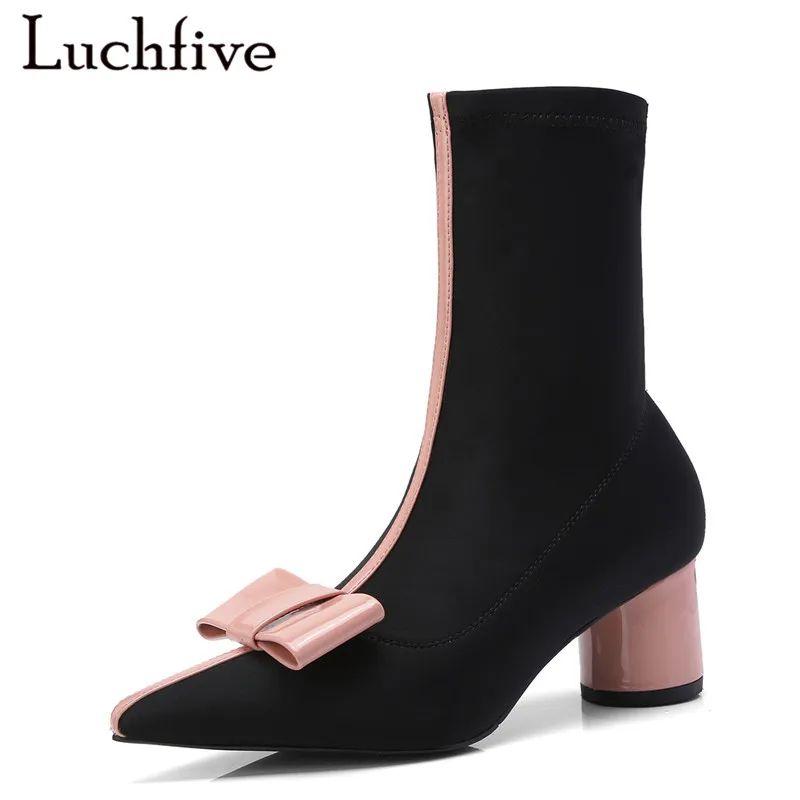 

Pink black Sock shoes Pointed Toe short Boots High Heels ankle Boots for women 2018 butterfly knot bowties Botas Mujer