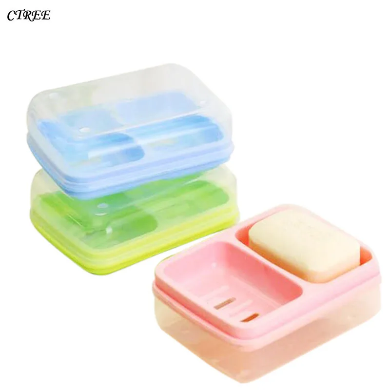 

CTREE 1Pcs Travel Drain Double Grid Soap Box Plastic Waterproof Double Body Soap Box With Cover Bathroom Accessories 3Color C570