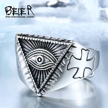 

BEIER Stainless Steel Man's All-see evil Eye Mens ring Fashion Cool Cross Adjustable Vintage Jewerly Punk Style BR8-176