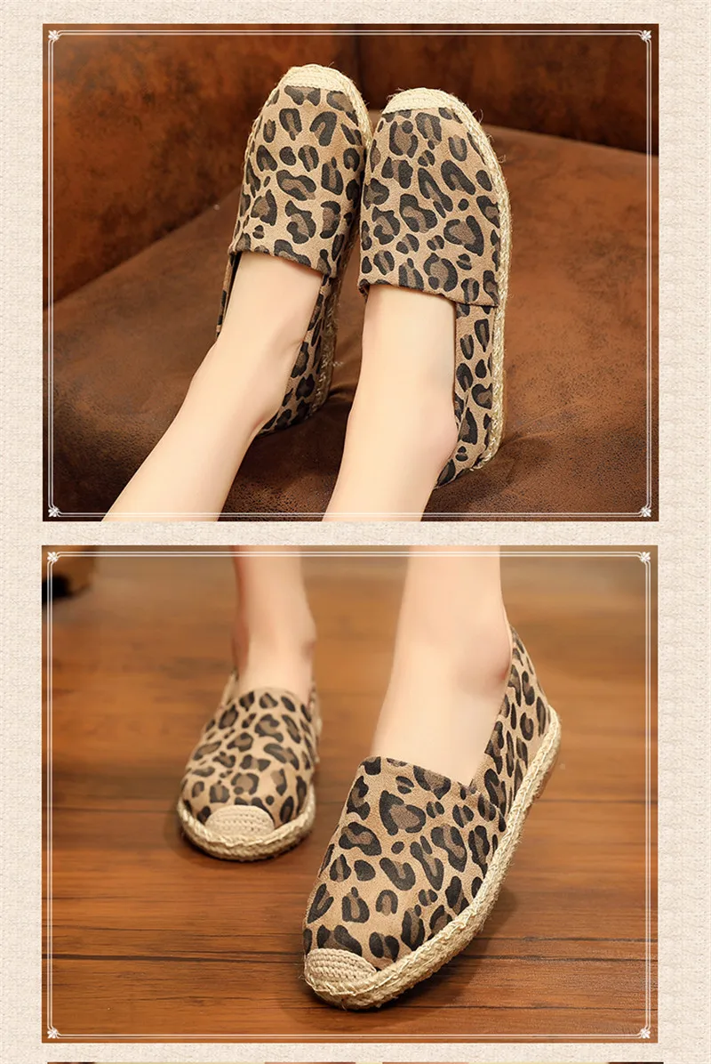 D Knight Leopard Grain Flat Shoes Women Hemp Fisherman Espadrilles Loafers Casual Round Toe Women Flat Shoes Size Big Size 35-40 (27)