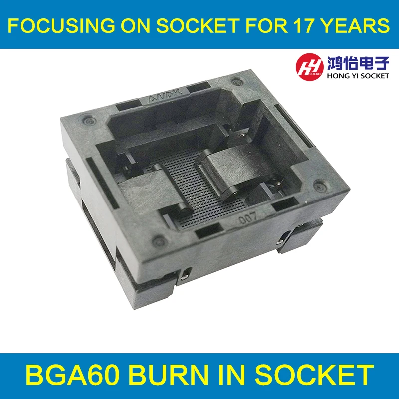 

BGA60 OPEN TOP Burn in socket pitch 0.8mm IC size 11*13mm BGA60(11*13)-0.8-TP01/50N BGA60 VFBGA60 burn in programmer socket