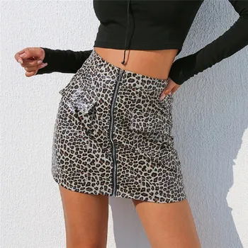 

Sexy Women Front Zipper Leopard printed sexy mini skirts Fashion Club casual High waist bodycon Leather skirt Summer Spring New