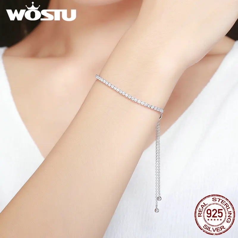 WOSTU Лидер продаж, настоящее 925 пробы, Серебряный сверкающая нить, браслет-цепочка для женщин, ювелирные украшения, подарок на удачу CQB029