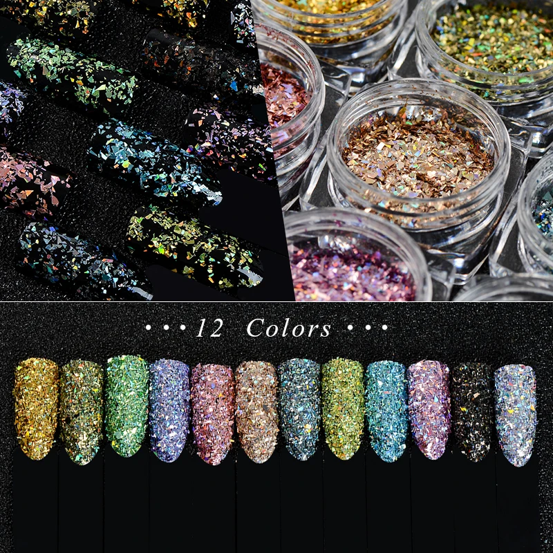 Mtssii, 12 цветов, блеск для ногтей, алюминиевые хлопья, матовый эффект, порошки для ногтей, неровные блестки, хромированный пигмент, украшения для ногтей