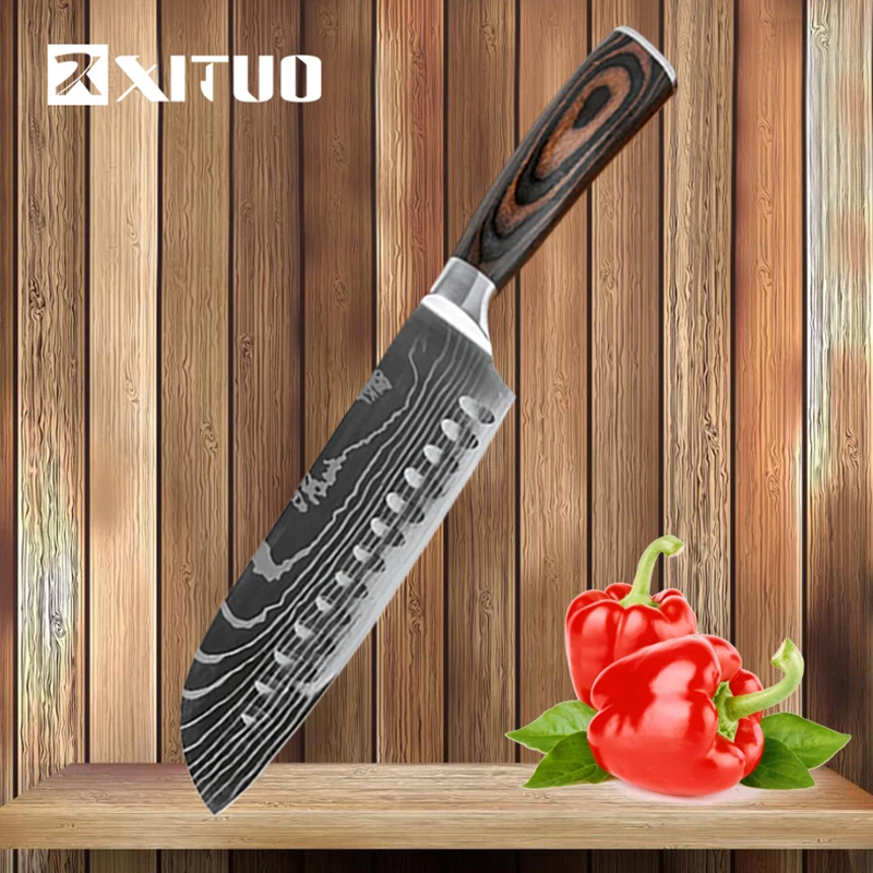 Kitchen Knife 7 Inch Chef Knives Japanese Utility Santoku Knife Meat Cleaver 7Cr17 420 High Carbon Stainless Steel Cutter Tool