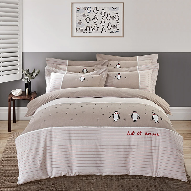 Queen King size Pure Cotton Grey Bedding sets Soft Bedclothes Embroidery Deer Penguin Bed sheet set Duvet cover Pillowcases 4Pcs