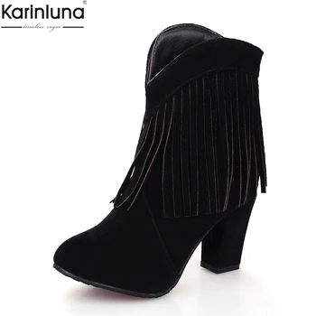 

Karinluna new arrivals dropship big size 33-47 high heels ankle boots women shoes retro fringes western shoes woman boots