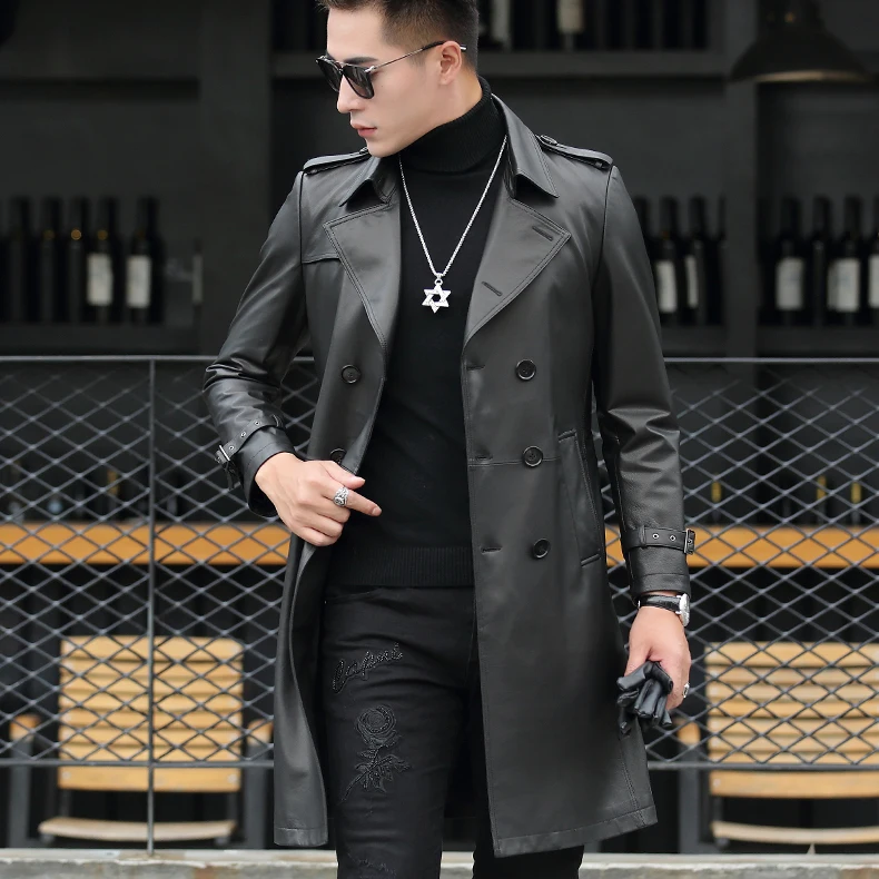 Perfect VHO fashion casual natural real cow leather coats for men x-long double breasted leather dust coat genuine leather jacket 7