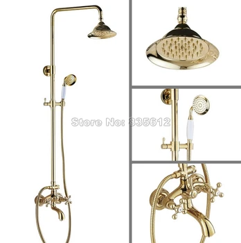 

Luxury Gold Color Brass Bathroom Rain Shower Faucet Set / Dual Handle Tub Mixer tap with Handheld Shower Wall Mounted Wgf457