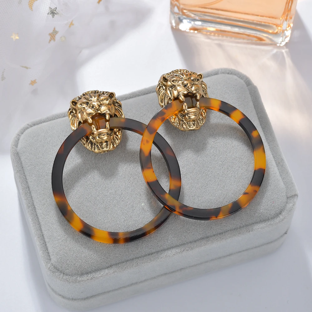 

2019 New Arrival Vintage Alloy Lion Head Leopard Print Acrylic Dangle Earrings For Women Jewelry Statement Earrings Accessories