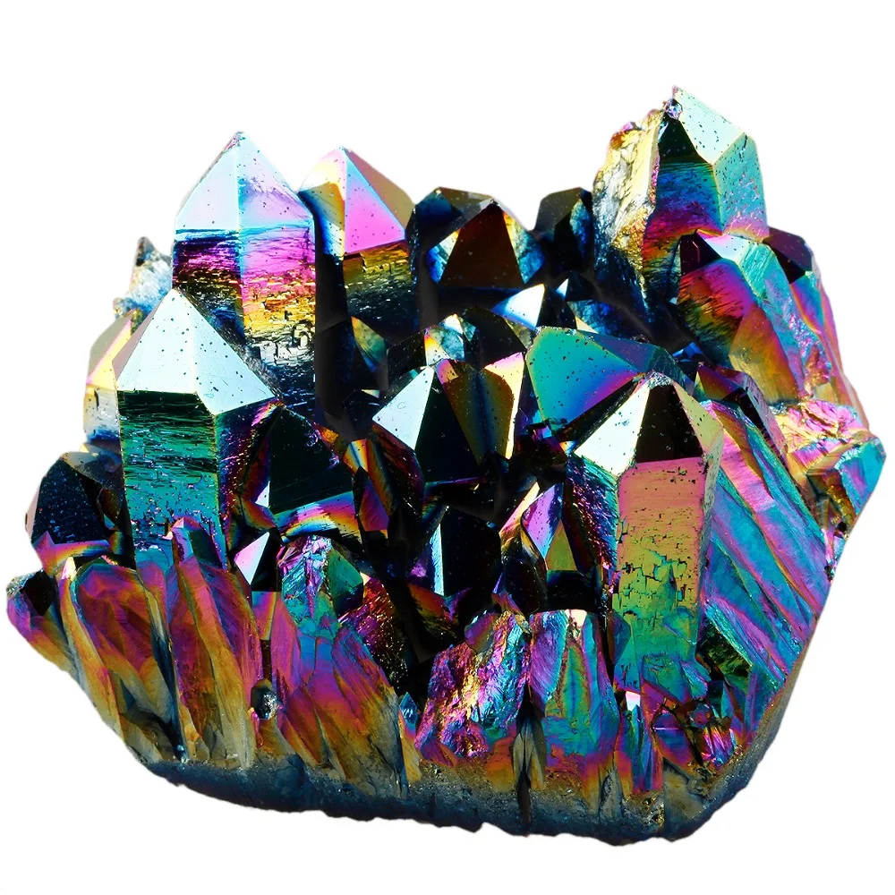 Baratos TUMBEELLUWA arco iris llama Aura cristal de cuarzo titanio Cluster Drusy Geode gema piedra energía espécimen curativo Decoración