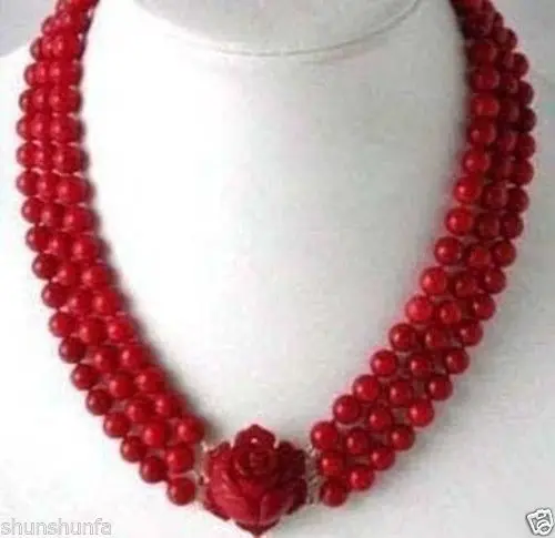 

Free shipping@@@@@ 3 Rows Red Coral Beads Flower Pendant Clasp Necklace(17"-19")