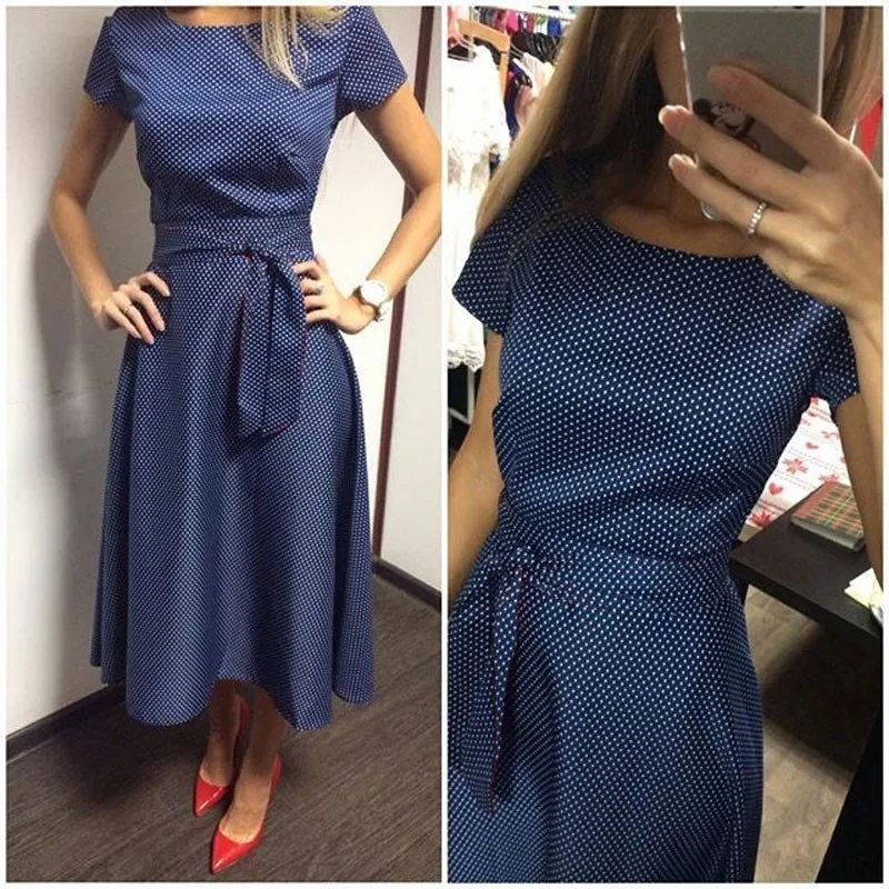 

Hot Sale Casual A-Line Dot Women Rockabilly Dress Short Sleeve O-Neck Knee-Length Dress 50s 60s Summer Style Sashes Clothes