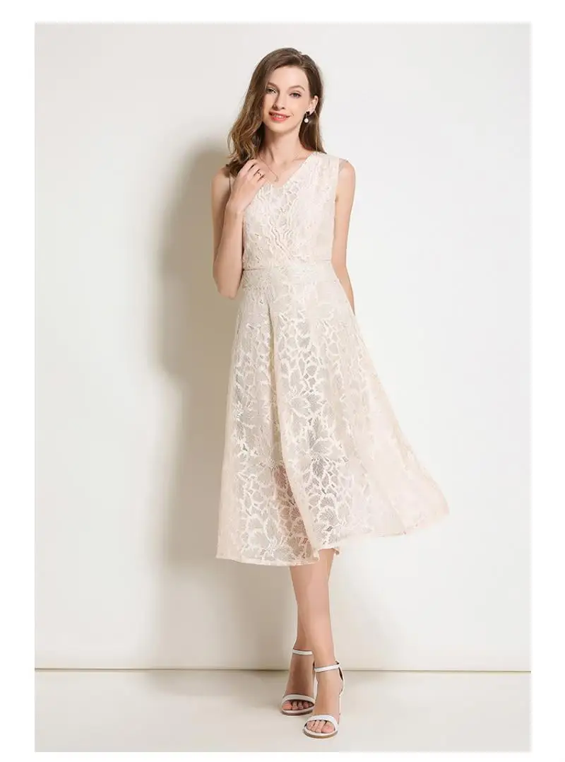 2018 Summer Lace Dress Work Casual Slim Work Women Party Dresses V-neck Sexy Hollow Out A-line Vintage Vestidos