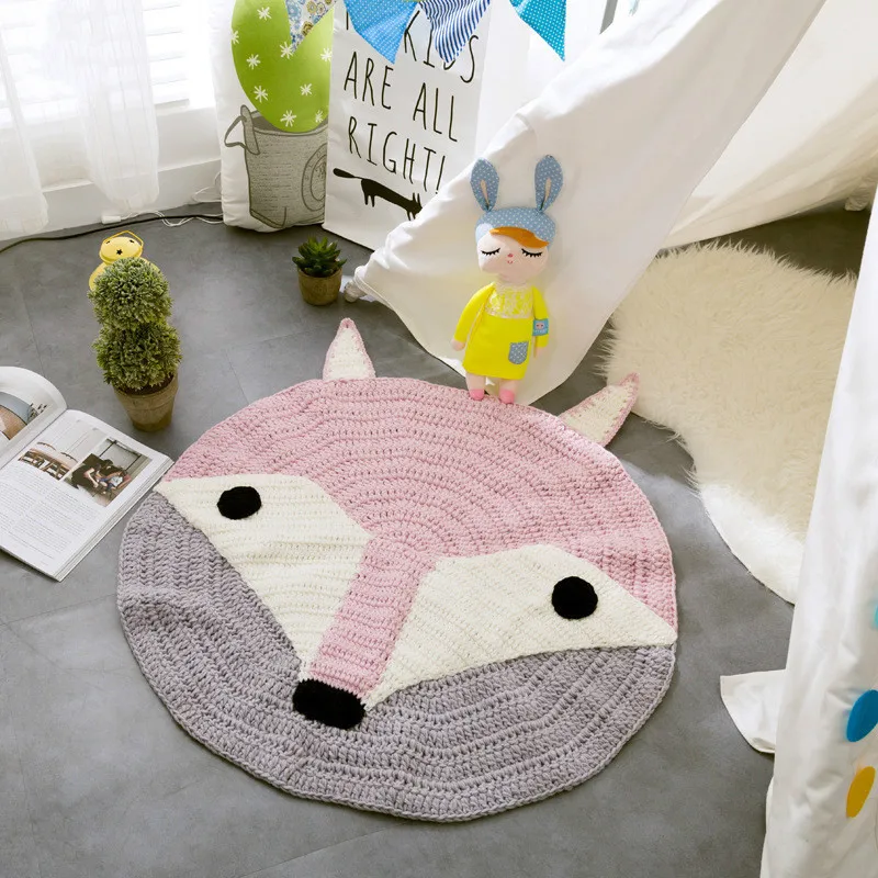 

Hand made fox animal mat Children play mat bear round knitted carpet rug blanket for bedroom living room ourdoor