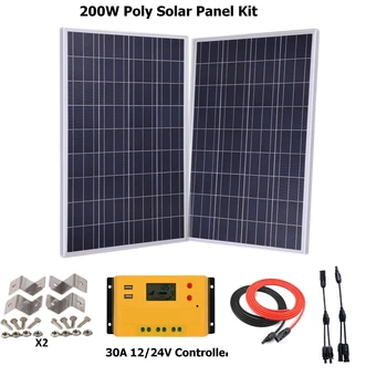 

200W Poly Solar Panel System Kit w/ 2pcs 100 Poly solar panels+30A LCD Controller+Accessories Solar Panels Cell for RV Boat Home