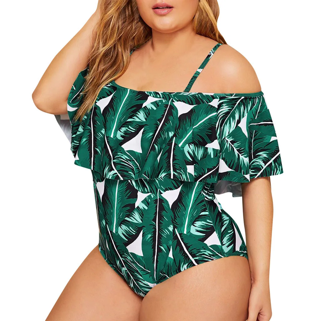 

2019 Plus Size XL-L4 Leaf Print Ruffle Strap Swimwear Women One Piece Swimsuit Backless Swim Suit Beachwear Biquinis Feminino