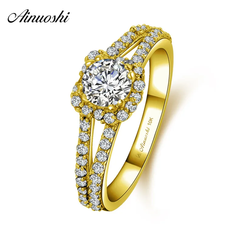 

AINUOSHI 10k Solid Yellow Gold Woman Wedding Ring Customized 0.5 CT Round Cut Sparkling Halo Ring Young Lady Engagement Jewelry