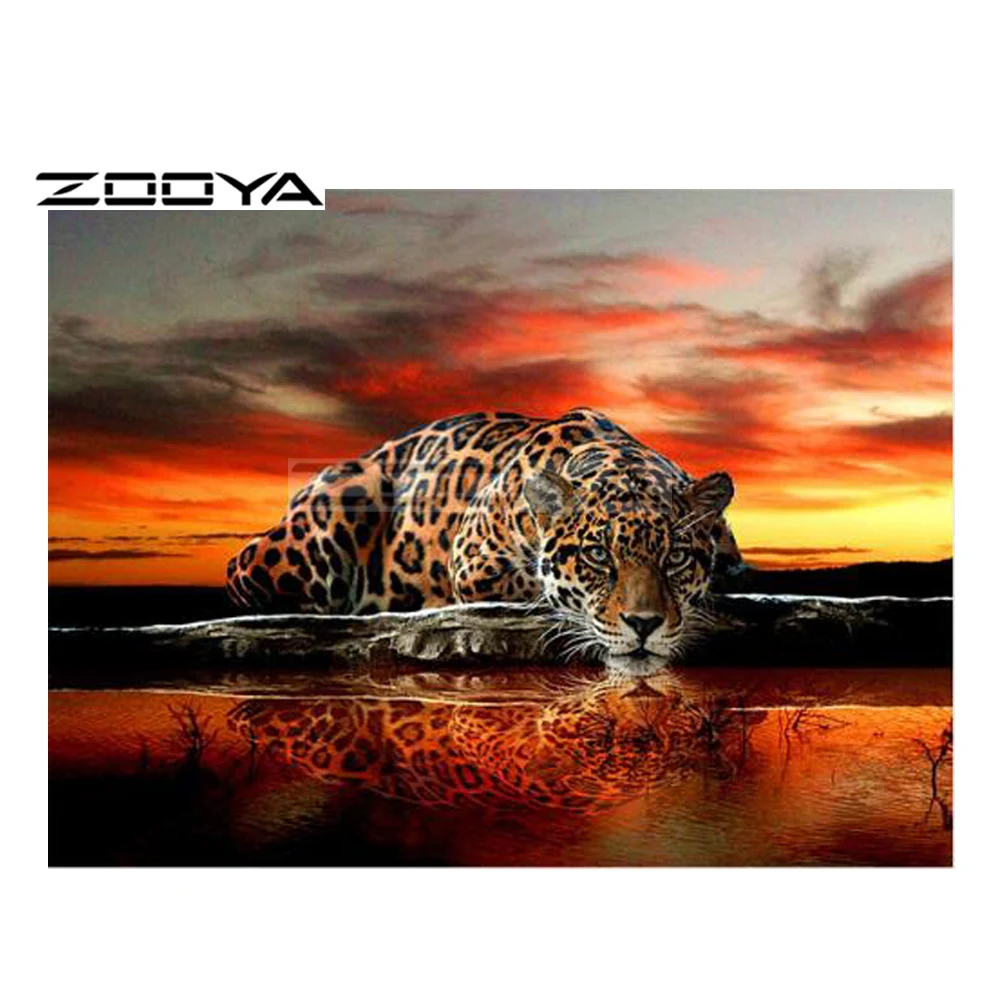 ZOOYA 5D DIY алмазная живопись Леопард река закат отражение животных вышивка