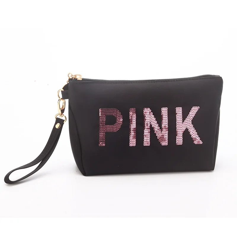 

pink letter cosmetic bag Sequin female cosmetics bag holographic travel makeup bag Storage portable handbag neceser
