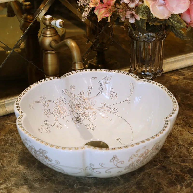 Flowers Shape Europe Vintage Style Countertop Basin Sink Handmade White