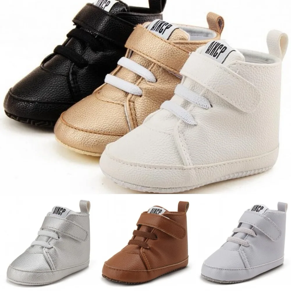 

Fashion Hight Top Sneakers Baby Boys Girls Shoes Pu Leather Solid First Walker Kids Footwear Soft Sole Antislip Prewalkers Boots