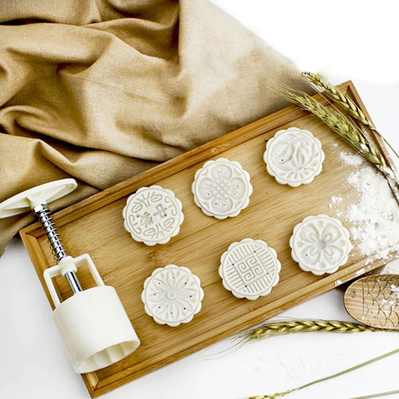 JX-LCLYL New 50g Round Flower Mooncake Mould 6 Stamps Moon Cake Decor Baking Tool