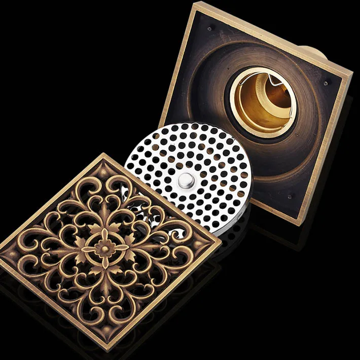 

Fashion hot 10*10cm Vintage Artistic Brass Bathroom Wetroom Square Shower Floor Drain Trap Waste Grate With Hair Strainer