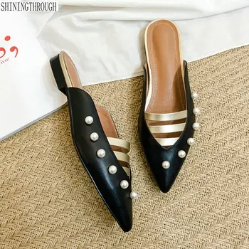 

2020 summer low heels slippers woman genuine leather mules home slippers slides square heel poined toe size 41 42